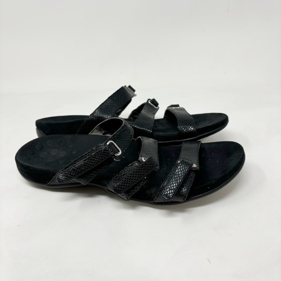 VIONIC Women’s Black Snake Skin AUBREY 3 Strap Sandals Orthoheel Technology Sz 9 - Picture 2 of 11